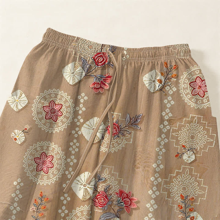 Buddha Stones Cotton Vintage Floral Geometric Pattern Women's Elastic Waist Harem Pants With Side Pockets - image 5