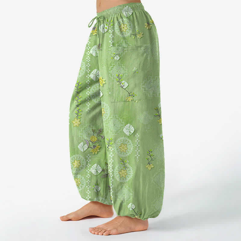 Buddha Stones Cotton Vintage Floral Geometric Pattern Women's Elastic Waist Harem Pants With Side Pockets - image 8