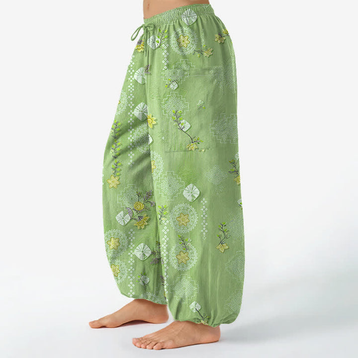 Buddha Stones Cotton Vintage Floral Geometric Pattern Women's Elastic Waist Harem Pants With Side Pockets - image 8