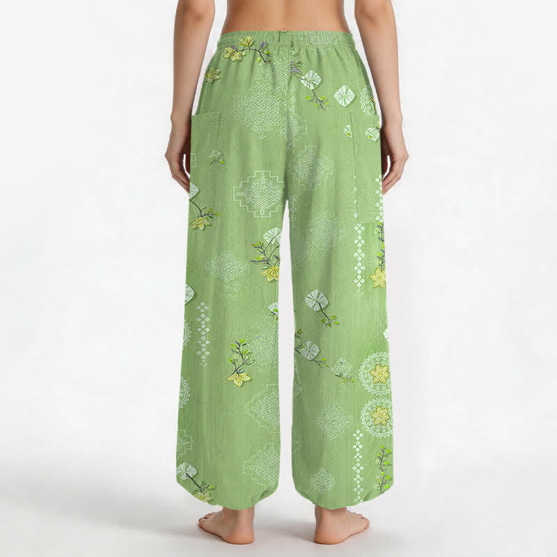 Buddha Stones Cotton Vintage Floral Geometric Pattern Women's Elastic Waist Harem Pants With Side Pockets - image 9