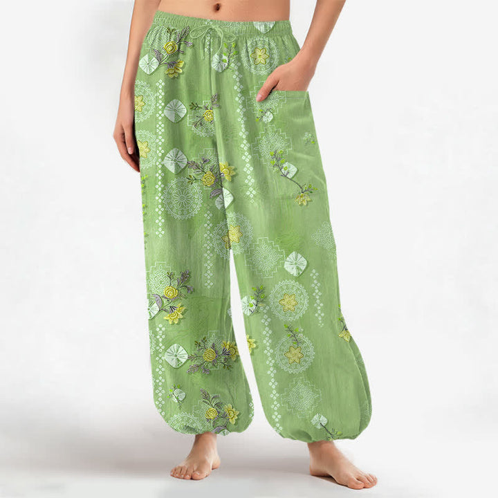 Buddha Stones Cotton Vintage Floral Geometric Pattern Women's Elastic Waist Harem Pants With Side Pockets - LightGreen - US16，UK/AU20，EU48 (3XL) - image 7
