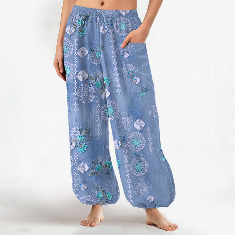 Buddha Stones Cotton Vintage Floral Geometric Pattern Women's Elastic Waist Harem Pants With Side Pockets - SteelBlue - US16，UK/AU20，EU48 (3XL) - image 10