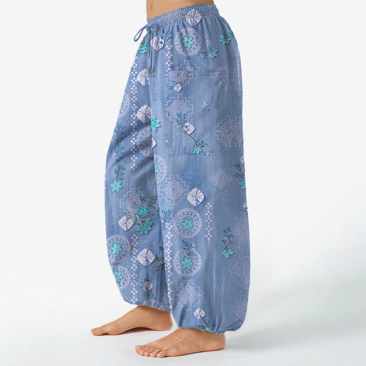 Buddha Stones Cotton Vintage Floral Geometric Pattern Women's Elastic Waist Harem Pants With Side Pockets - image 11