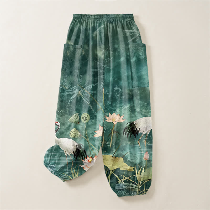 Buddha Stones Cotton Oriental Crane Lotus Pattern Women's Elastic Waist Harem Pants With Side Pockets - image 4