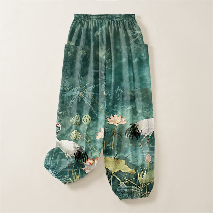 Buddha Stones Cotton Oriental Crane Lotus Pattern Women's Elastic Waist Harem Pants With Side Pockets - image 4