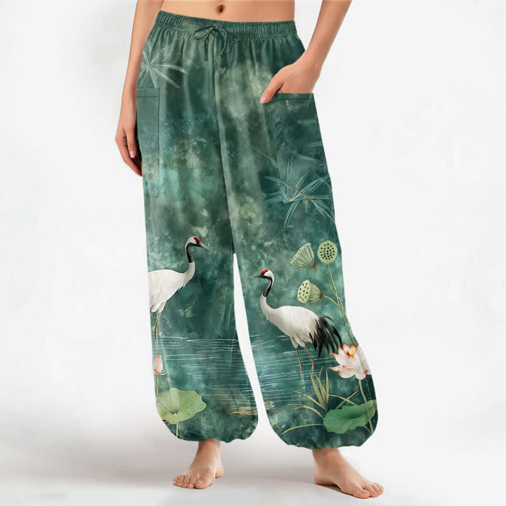 Buddha Stones Cotton Oriental Crane Lotus Pattern Women's Elastic Waist Harem Pants With Side Pockets - MediumAquamarine - US16，UK/AU20，EU48 (3XL) - image 0