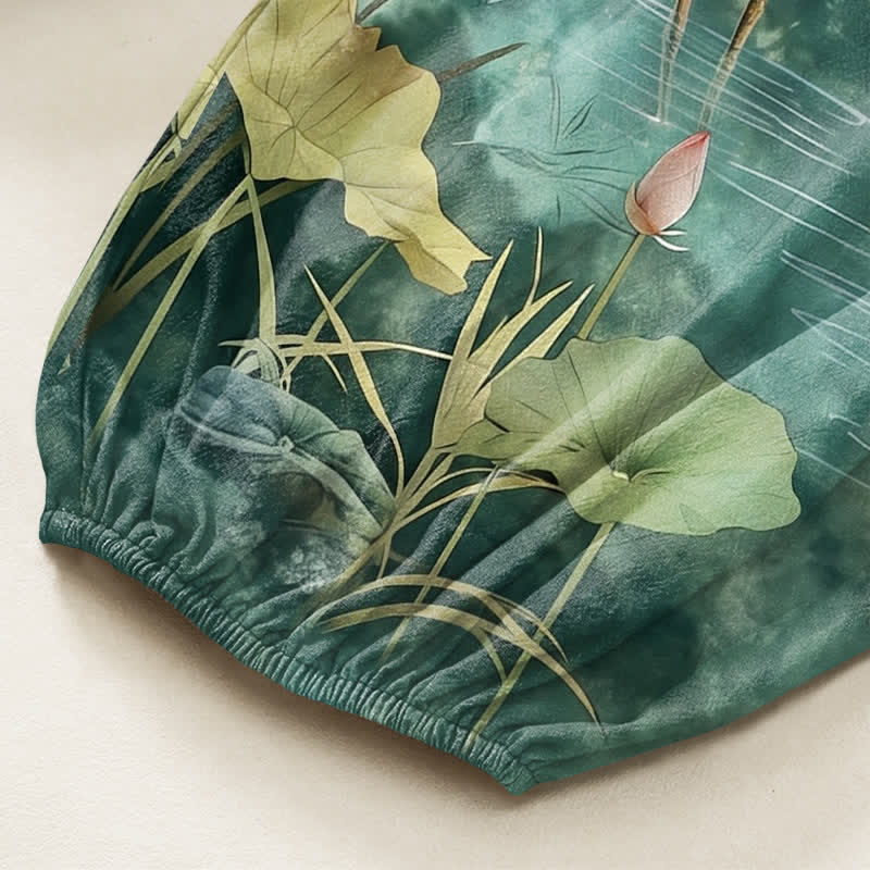 Buddha Stones Cotton Oriental Crane Lotus Pattern Women's Elastic Waist Harem Pants With Side Pockets - image 6