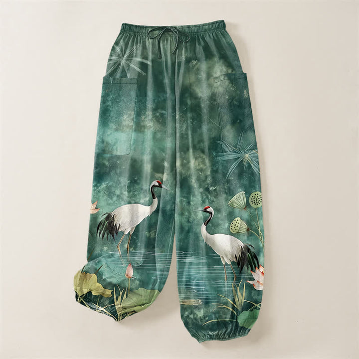 Buddha Stones Cotton Oriental Crane Lotus Pattern Women's Elastic Waist Harem Pants With Side Pockets - image 3