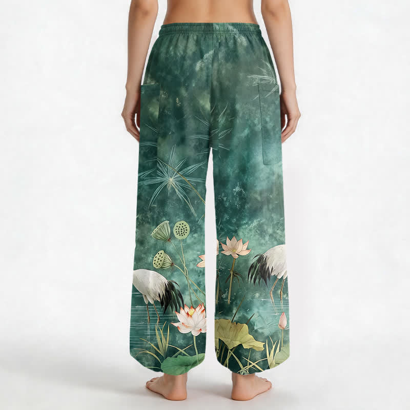 Buddha Stones Cotton Oriental Crane Lotus Pattern Women's Elastic Waist Harem Pants With Side Pockets - image 2