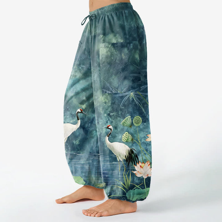 Buddha Stones Cotton Oriental Crane Lotus Pattern Women's Elastic Waist Harem Pants With Side Pockets - image 8
