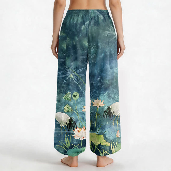 Buddha Stones Cotton Oriental Crane Lotus Pattern Women's Elastic Waist Harem Pants With Side Pockets - image 9