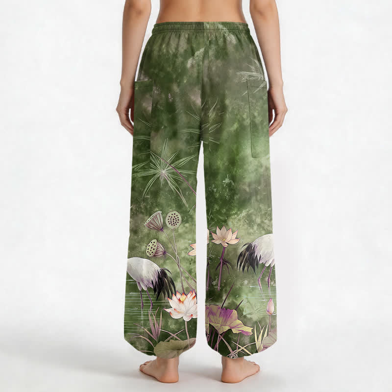 Buddha Stones Cotton Oriental Crane Lotus Pattern Women's Elastic Waist Harem Pants With Side Pockets - image 12