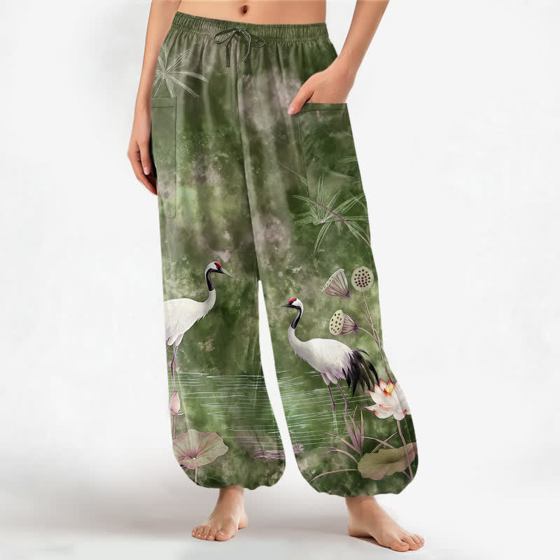 Buddha Stones Cotton Oriental Crane Lotus Pattern Women's Elastic Waist Harem Pants With Side Pockets - OliveDrab - US16，UK/AU20，EU48 (3XL) - image 10