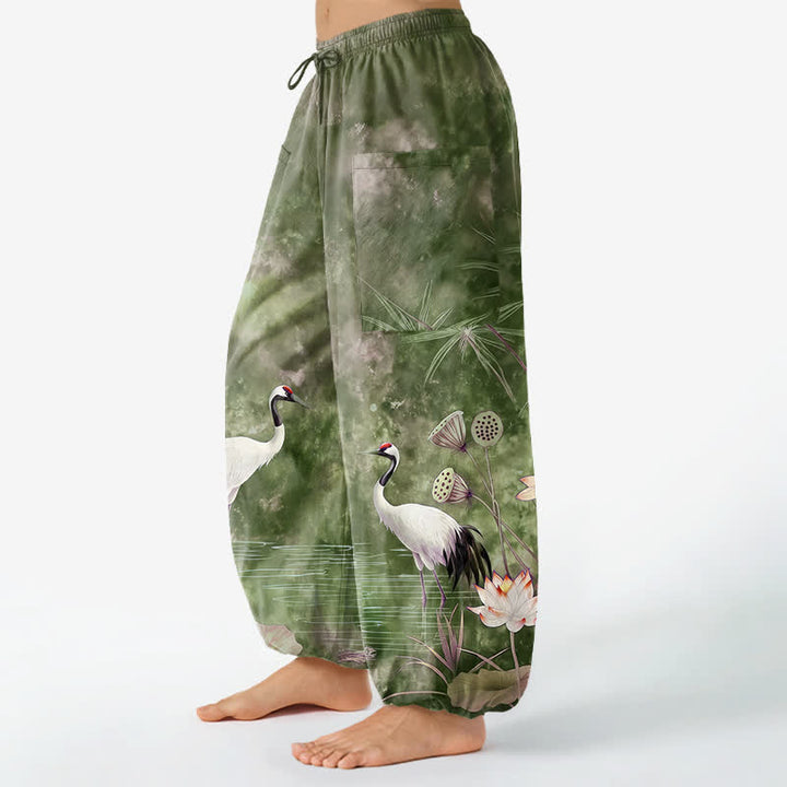 Buddha Stones Cotton Oriental Crane Lotus Pattern Women's Elastic Waist Harem Pants With Side Pockets - image 11