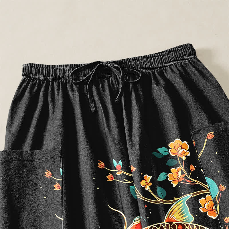 Buddha Stones Cotton Koi Floral Oriental Pattern Women's Elastic Waist Harem Pants With Side Pockets - image 5