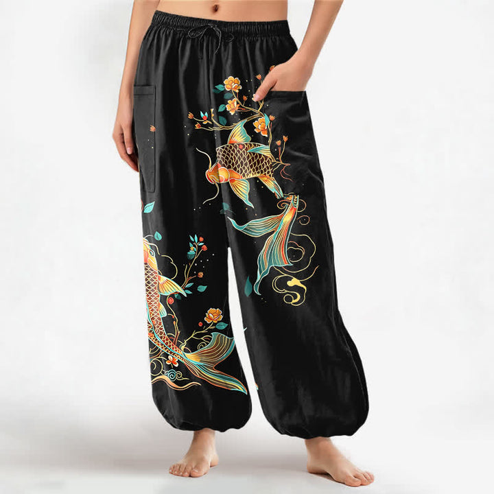 Buddha Stones Cotton Koi Floral Oriental Pattern Women's Elastic Waist Harem Pants With Side Pockets - Black - US16，UK/AU20，EU48 (3XL) - image 0