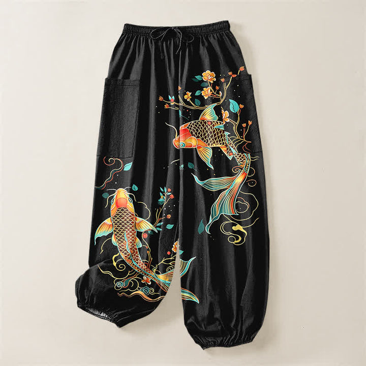 Buddha Stones Cotton Koi Floral Oriental Pattern Women's Elastic Waist Harem Pants With Side Pockets - image 3