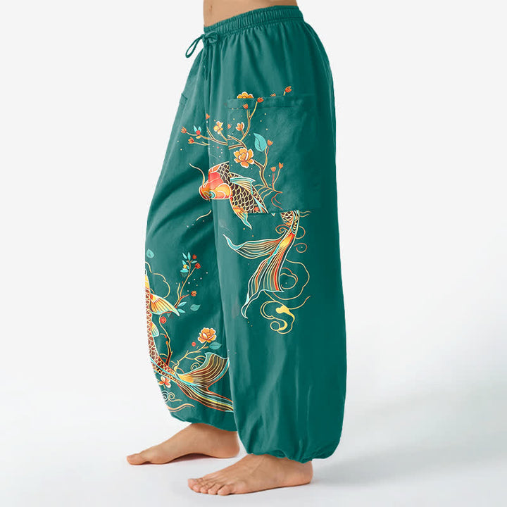 Buddha Stones Cotton Koi Floral Oriental Pattern Women's Elastic Waist Harem Pants With Side Pockets - image 8