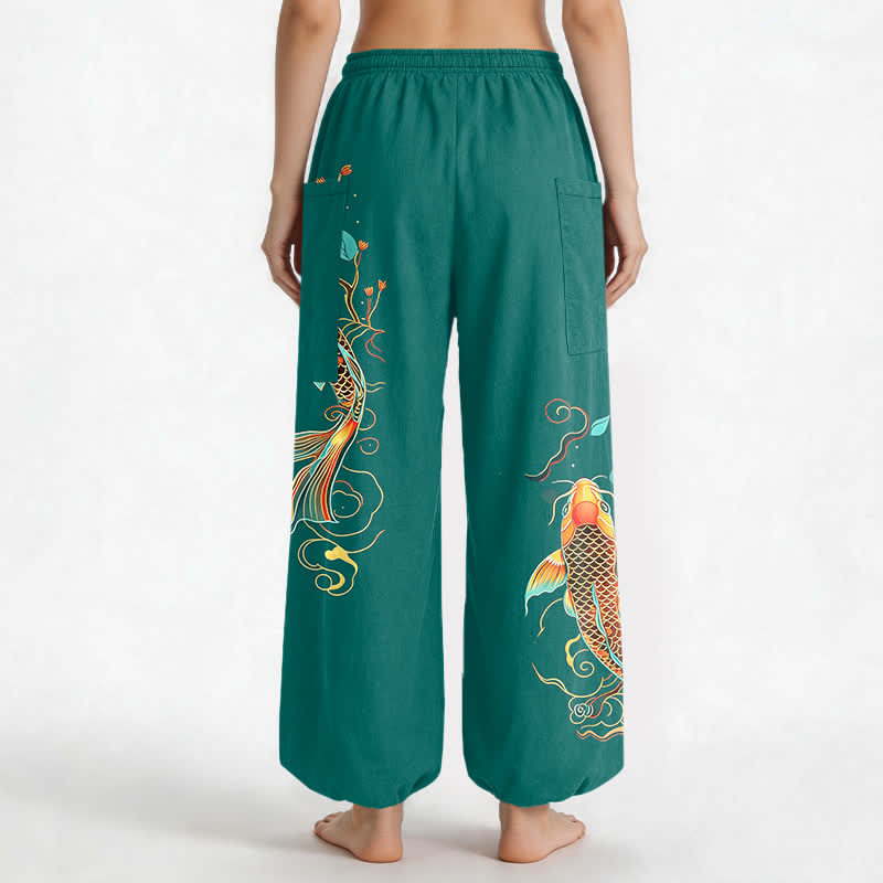 Buddha Stones Cotton Koi Floral Oriental Pattern Women's Elastic Waist Harem Pants With Side Pockets - image 9
