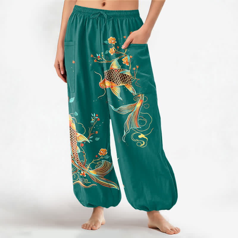 Buddha Stones Cotton Koi Floral Oriental Pattern Women's Elastic Waist Harem Pants With Side Pockets - Teal - US16，UK/AU20，EU48 (3XL) - image 7