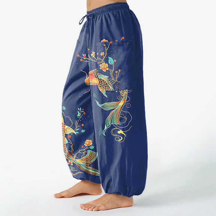 Buddha Stones Cotton Koi Floral Oriental Pattern Women's Elastic Waist Harem Pants With Side Pockets - image 11