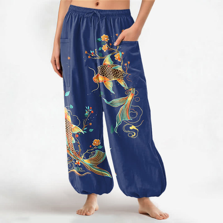 Buddha Stones Cotton Koi Floral Oriental Pattern Women's Elastic Waist Harem Pants With Side Pockets - Navy - US16，UK/AU20，EU48 (3XL) - image 10