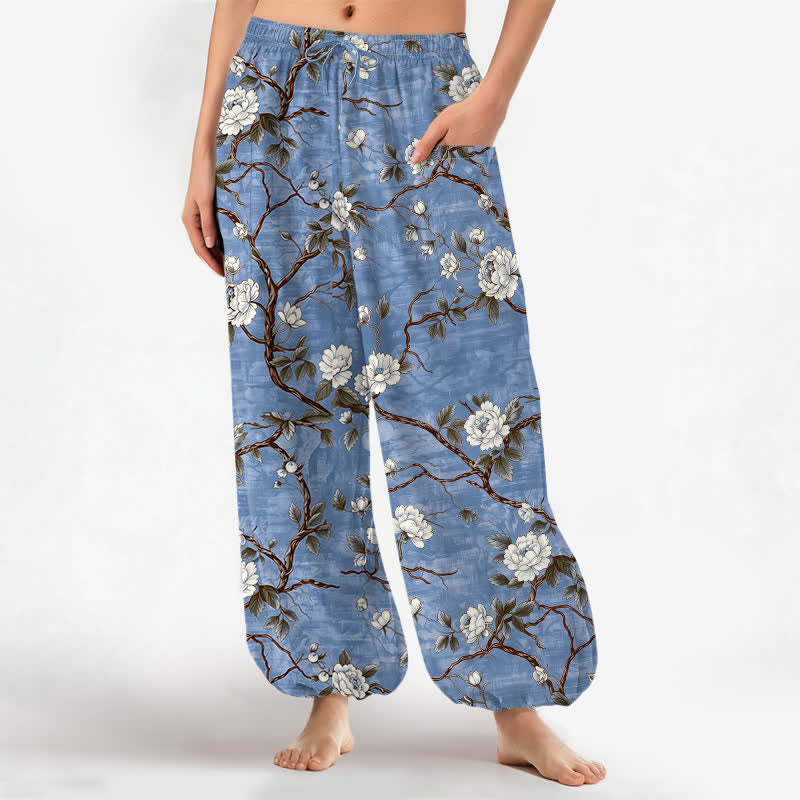Buddha Stones Cotton Botanical Blossom Pattern Women's Elastic Waist Harem Pants With Side Pockets - SteelBlue - US16，UK/AU20，EU48 (3XL) - image 0