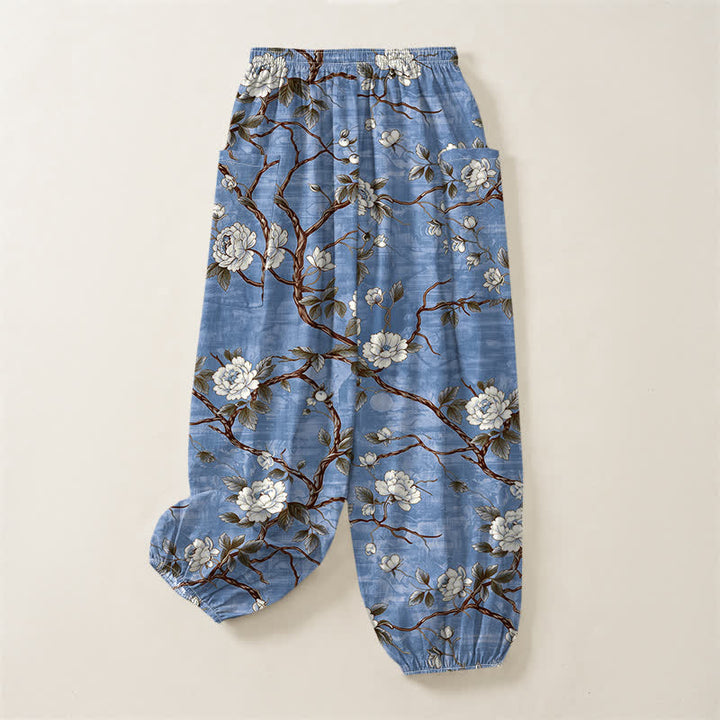 Buddha Stones Cotton Botanical Blossom Pattern Women's Elastic Waist Harem Pants With Side Pockets - image 4