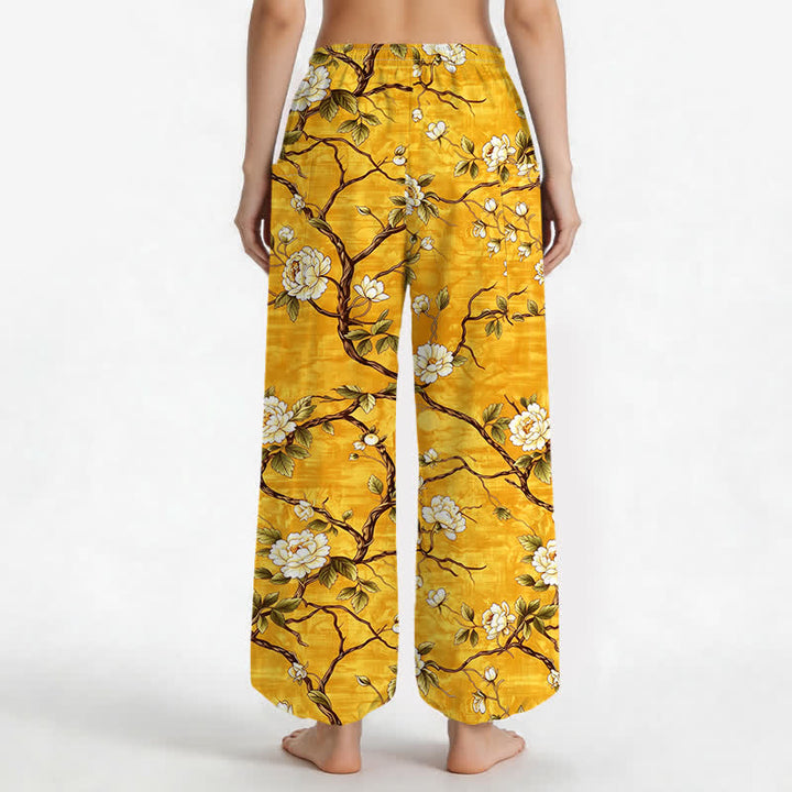 Buddha Stones Cotton Botanical Blossom Pattern Women's Elastic Waist Harem Pants With Side Pockets - image 9