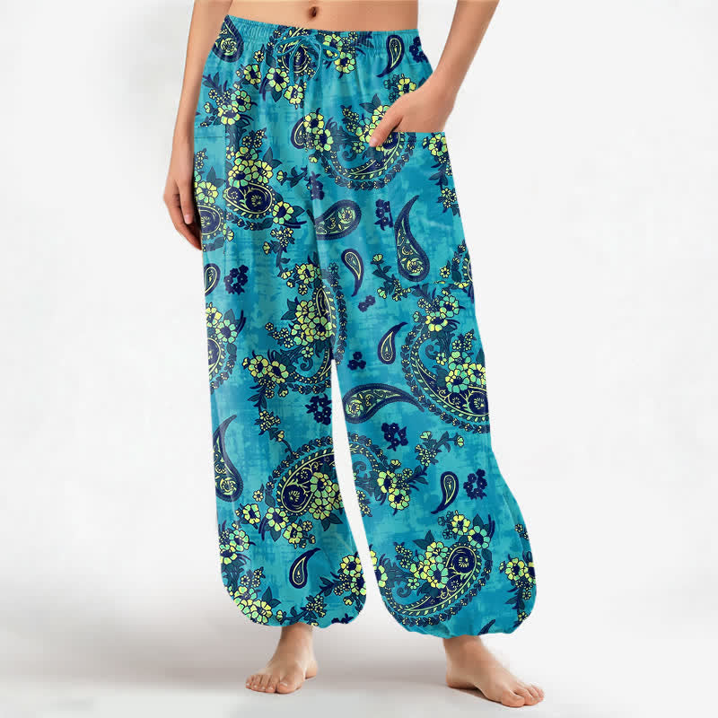 Buddha Stones Cotton Vintage Paisley Floral Pattern Women's Elastic Waist Harem Pants With Side Pockets - Cyan - US16，UK/AU20，EU48 (3XL) - image 0