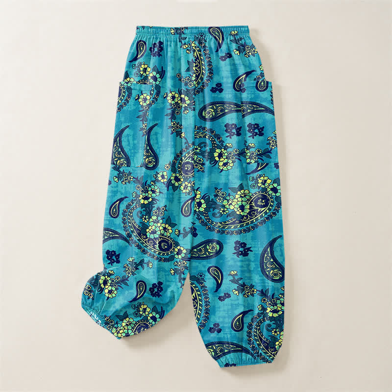 Buddha Stones Cotton Vintage Paisley Floral Pattern Women's Elastic Waist Harem Pants With Side Pockets - image 4
