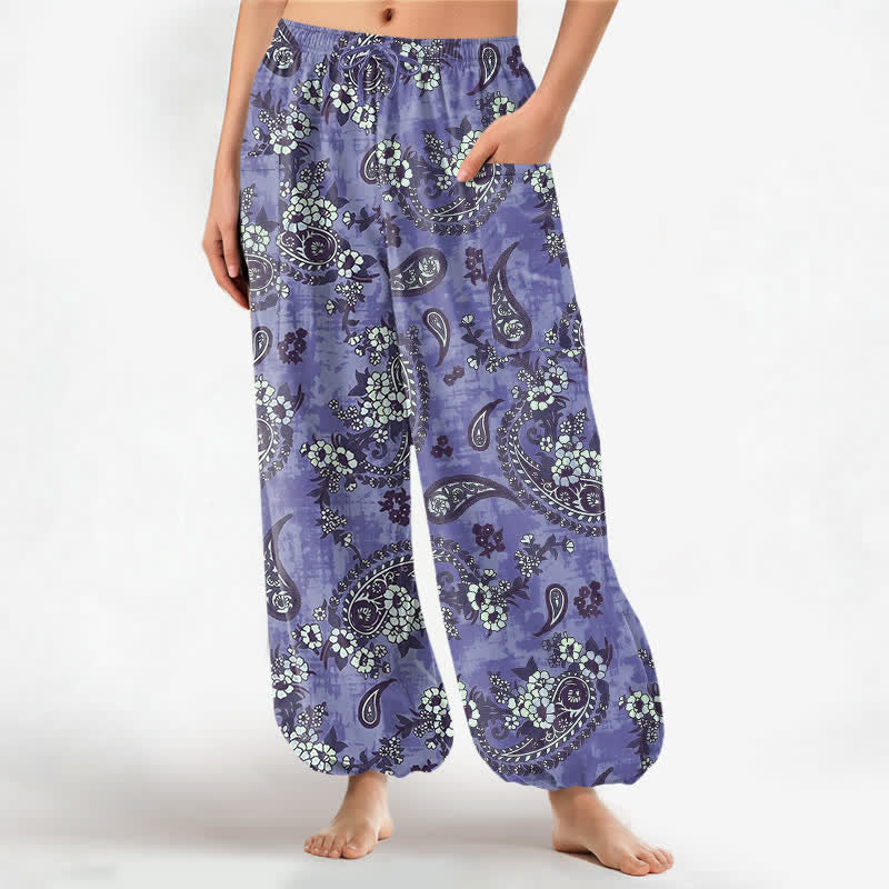 Buddha Stones Cotton Vintage Paisley Floral Pattern Women's Elastic Waist Harem Pants With Side Pockets - SlateBlue - US16，UK/AU20，EU48 (3XL) - image 10