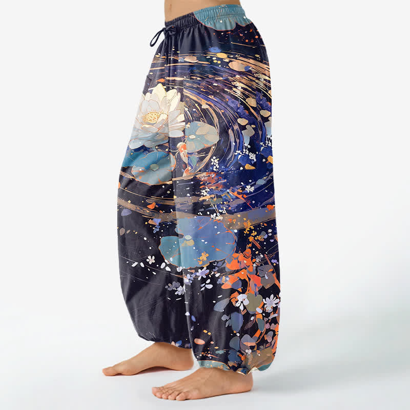 Buddha Stones Cotton Lotus Koi Watercolor Pattern Women's Elastic Waist Harem Pants With Side Pockets - image 1