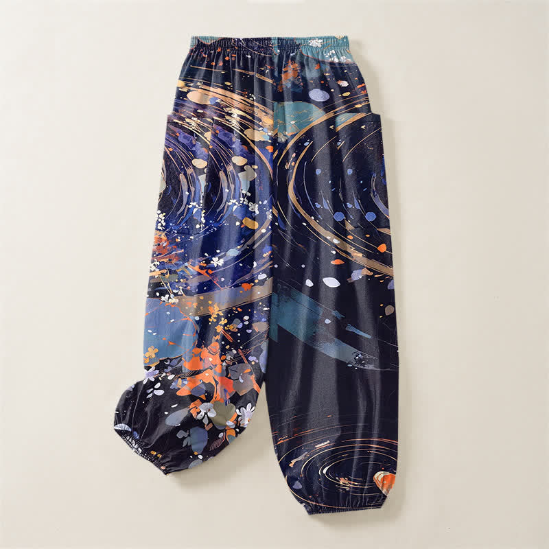 Buddha Stones Cotton Lotus Koi Watercolor Pattern Women's Elastic Waist Harem Pants With Side Pockets - image 4