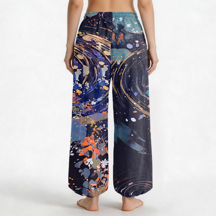 Buddha Stones Cotton Lotus Koi Watercolor Pattern Women's Elastic Waist Harem Pants With Side Pockets - image 2