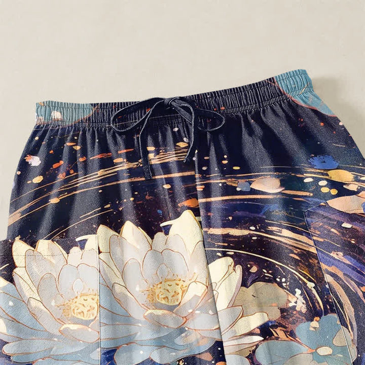 Buddha Stones Cotton Lotus Koi Watercolor Pattern Women's Elastic Waist Harem Pants With Side Pockets - image 5