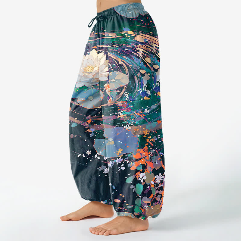 Buddha Stones Cotton Lotus Koi Watercolor Pattern Women's Elastic Waist Harem Pants With Side Pockets - image 8