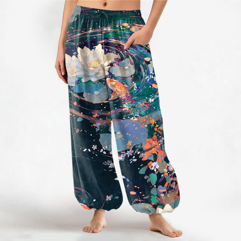 Buddha Stones Cotton Lotus Koi Watercolor Pattern Women's Elastic Waist Harem Pants With Side Pockets - Teal - US16，UK/AU20，EU48 (3XL) - image 7