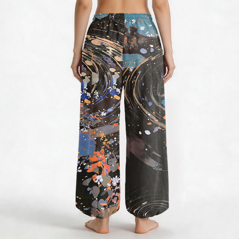 Buddha Stones Cotton Lotus Koi Watercolor Pattern Women's Elastic Waist Harem Pants With Side Pockets - image 12