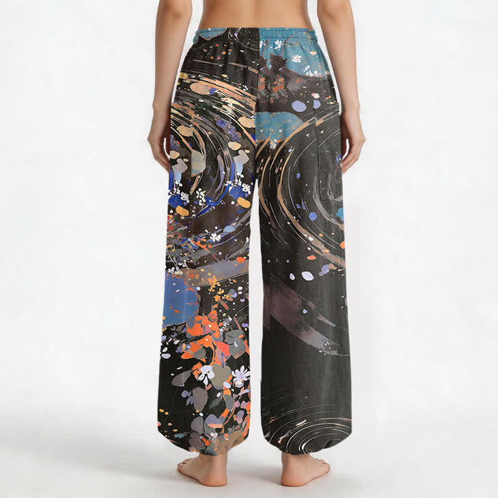 Buddha Stones Cotton Lotus Koi Watercolor Pattern Women's Elastic Waist Harem Pants With Side Pockets - image 12