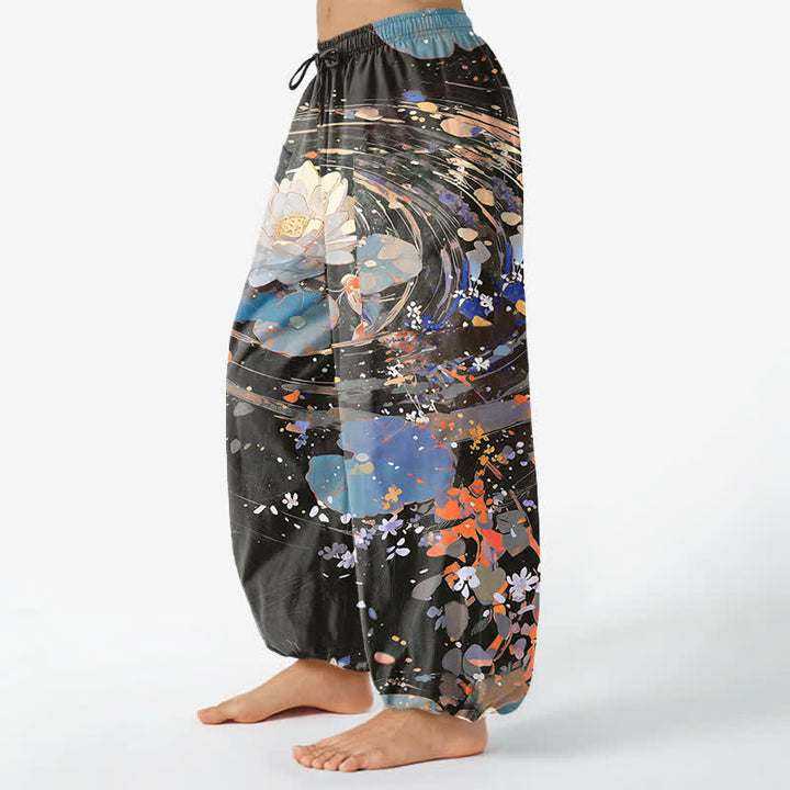 Buddha Stones Cotton Lotus Koi Watercolor Pattern Women's Elastic Waist Harem Pants With Side Pockets - image 11