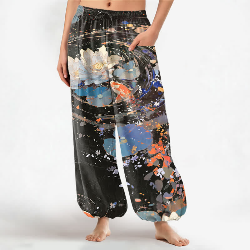 Buddha Stones Cotton Lotus Koi Watercolor Pattern Women's Elastic Waist Harem Pants With Side Pockets - Black - US16，UK/AU20，EU48 (3XL) - image 10