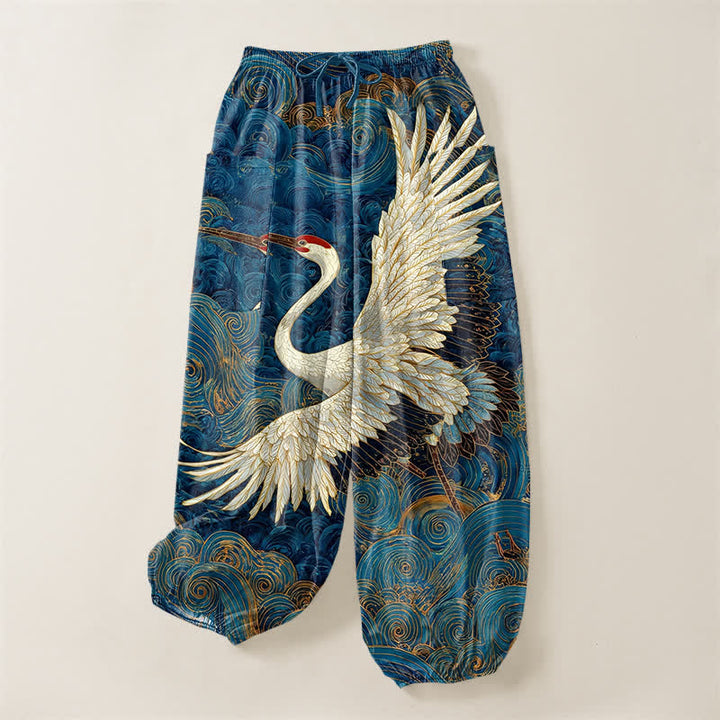Buddha Stones Cotton Golden Crane Wave Pattern Women's Elastic Waist Harem Pants With Side Pockets - image 3
