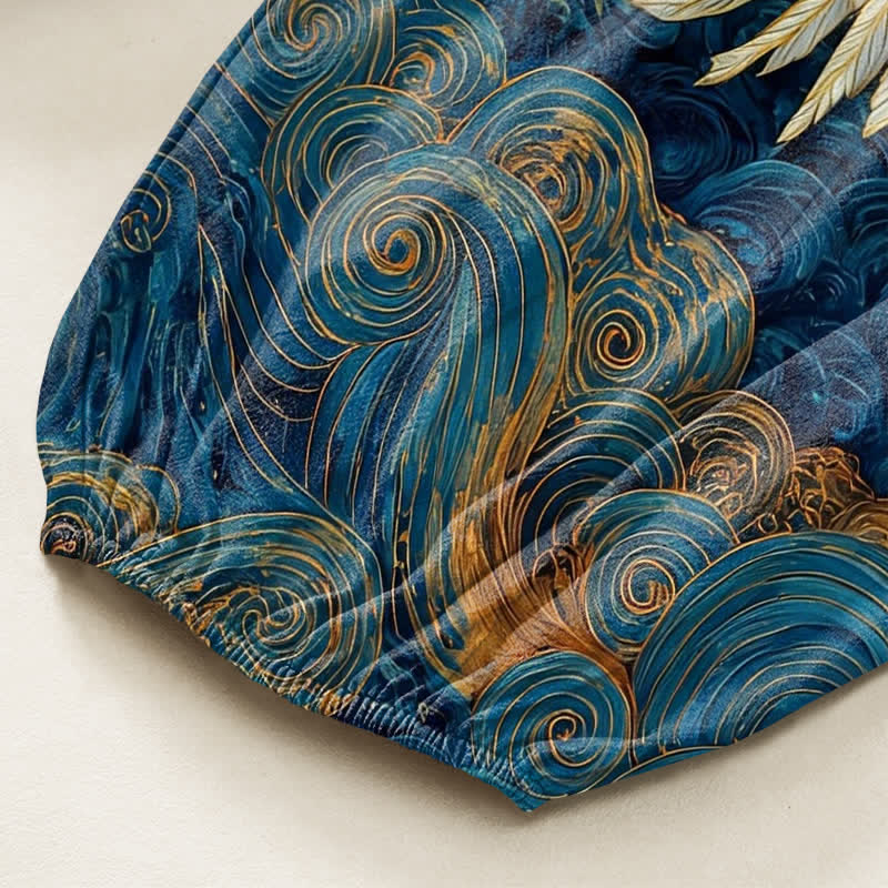 Buddha Stones Cotton Golden Crane Wave Pattern Women's Elastic Waist Harem Pants With Side Pockets - image 6