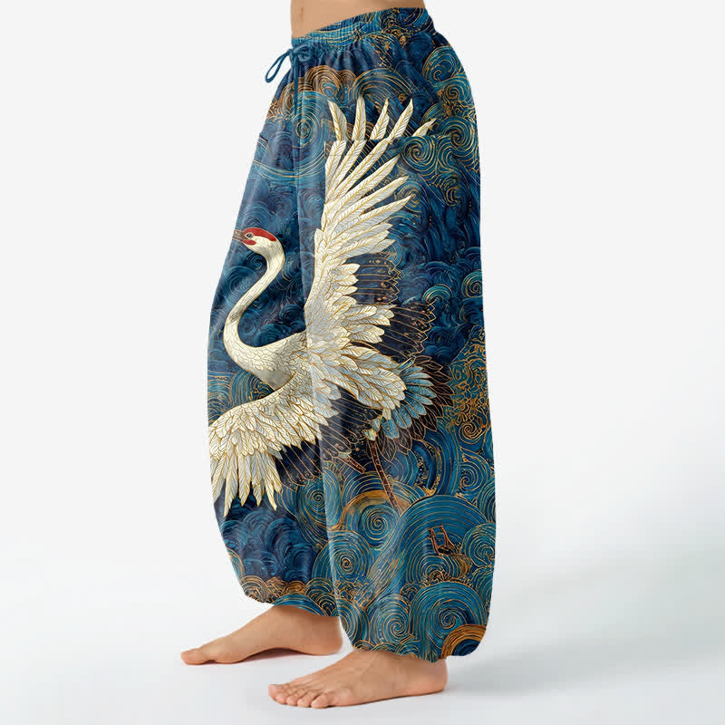 Buddha Stones Cotton Golden Crane Wave Pattern Women's Elastic Waist Harem Pants With Side Pockets - image 1