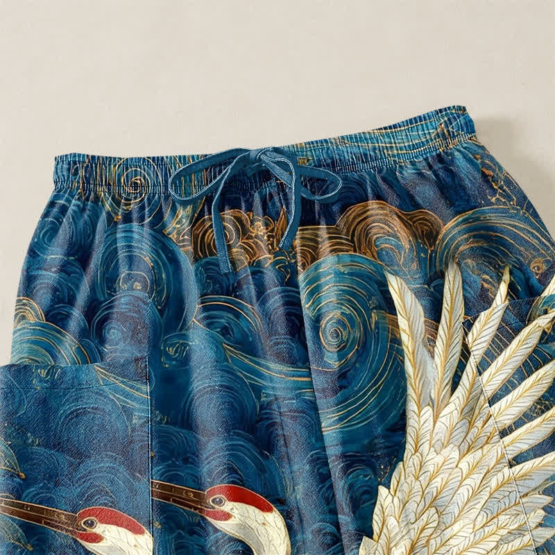 Buddha Stones Cotton Golden Crane Wave Pattern Women's Elastic Waist Harem Pants With Side Pockets - image 5