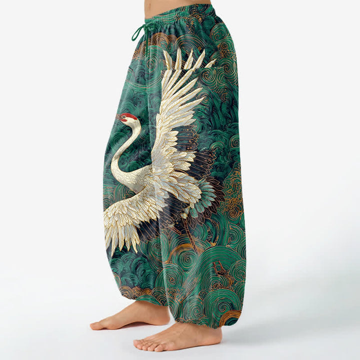 Buddha Stones Cotton Golden Crane Wave Pattern Women's Elastic Waist Harem Pants With Side Pockets - image 8