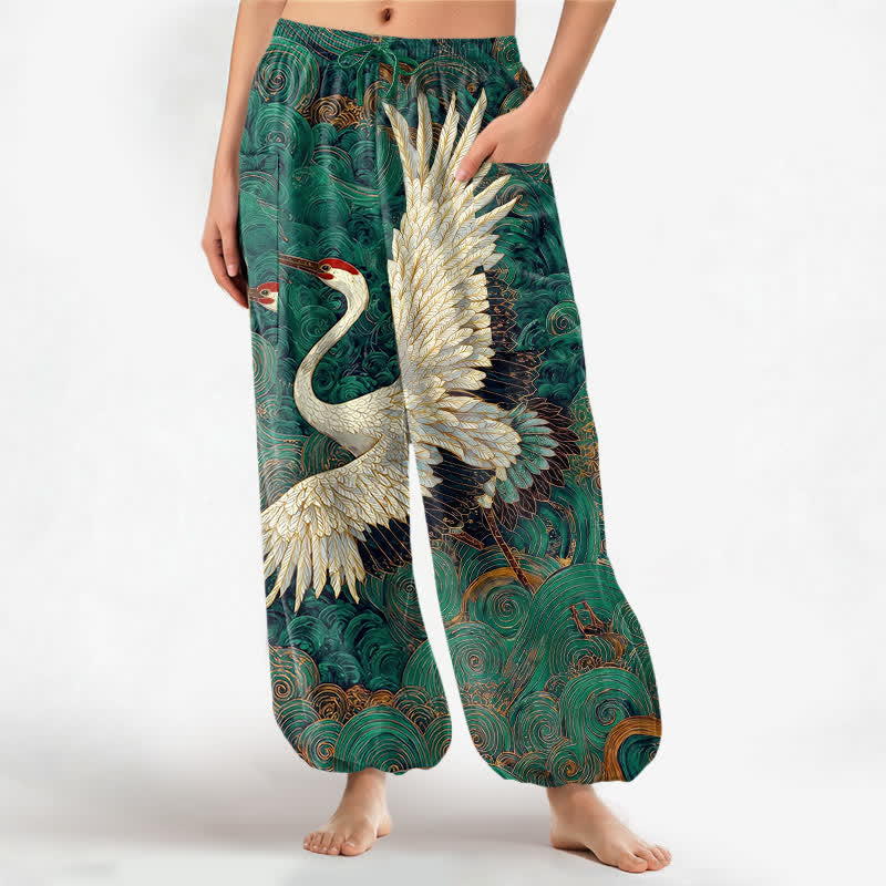 Buddha Stones Cotton Golden Crane Wave Pattern Women's Elastic Waist Harem Pants With Side Pockets - SeaGreen - US16，UK/AU20，EU48 (3XL) - image 7