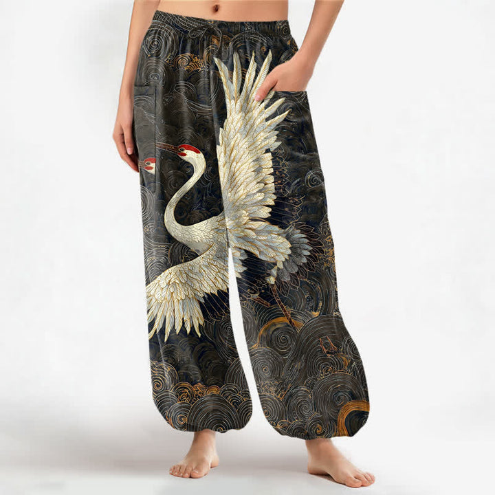 Buddha Stones Cotton Golden Crane Wave Pattern Women's Elastic Waist Harem Pants With Side Pockets - Black - US16，UK/AU20，EU48 (3XL) - image 10