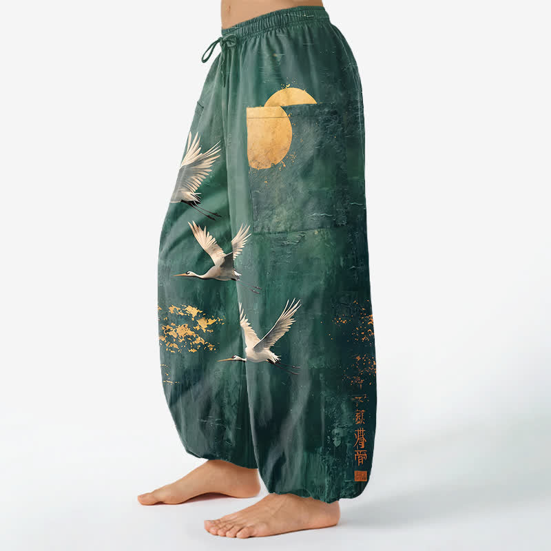 Buddha Stones Cotton Oriental Crane Moon Pattern Women's Elastic Waist Harem Pants With Side Pockets - image 1